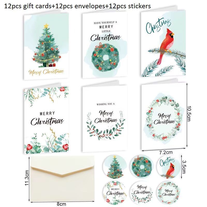 12Pcs Merry Christmas Greeting Cards with Envelopes Stickers Folding Type Cartoon Print Gift Cards Christmas Decoration Supplies