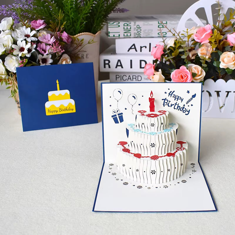 Happy Birthday Card 3D Birthday Cake Pop-Up Cards Flowers Birthday Card Anniversary Gifts Party