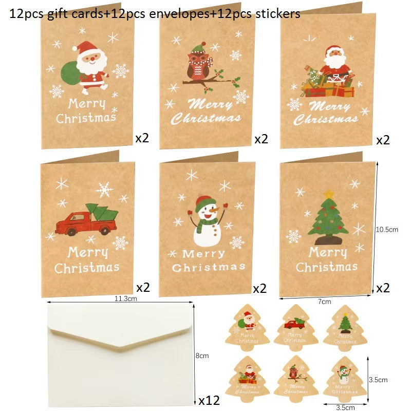 12Pcs Merry Christmas Greeting Cards with Envelopes Stickers Folding Type Cartoon Print Gift Cards Christmas Decoration Supplies